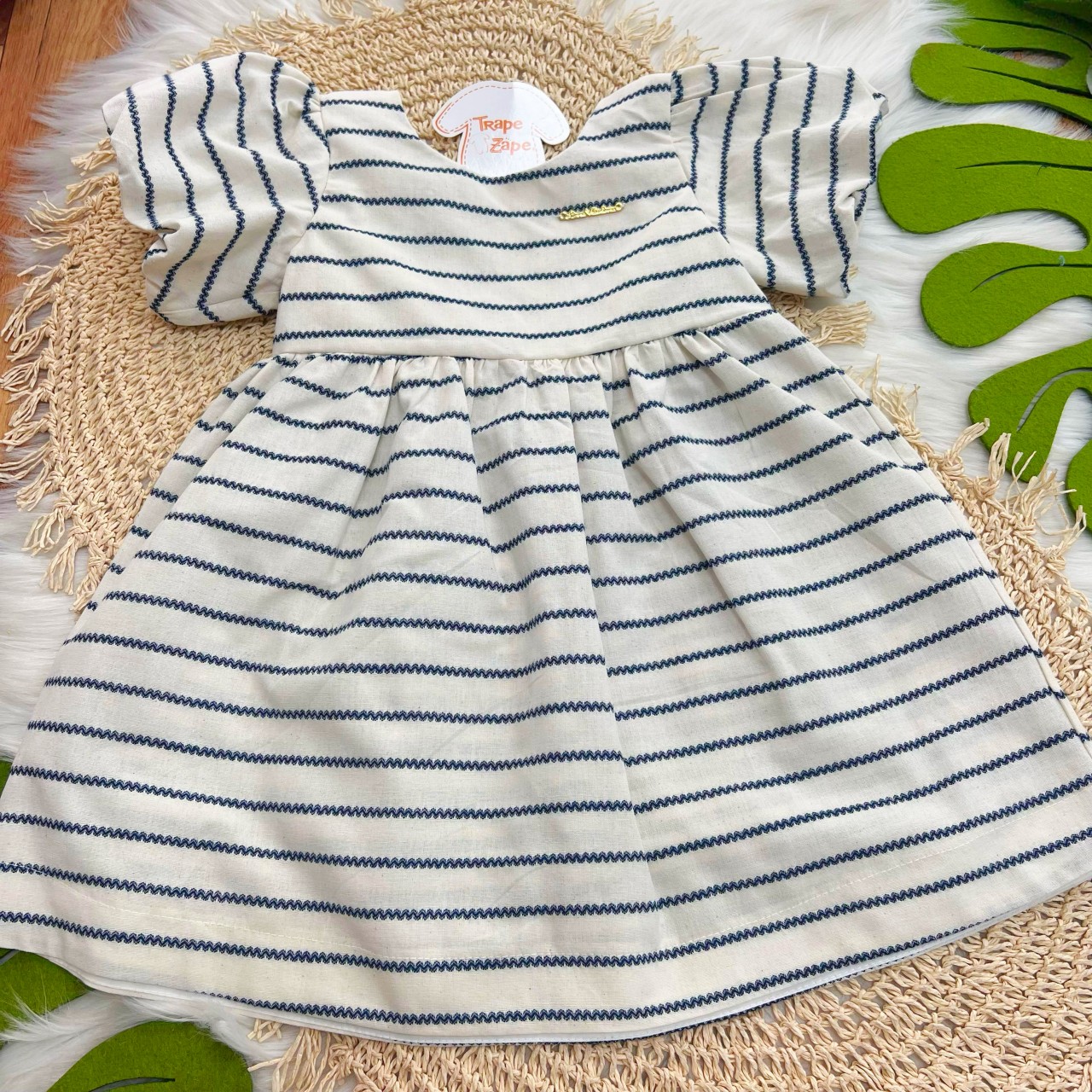 Vestido em Linho Natural e Marinho